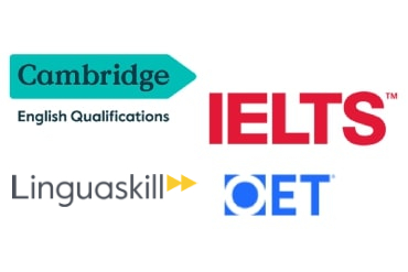 剑桥英语、IELTS 和 OET 的徽标。