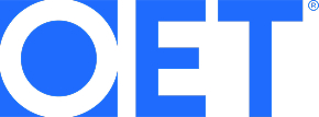 OET 是指职业英语测试，其徽标以蓝色和白色显示。